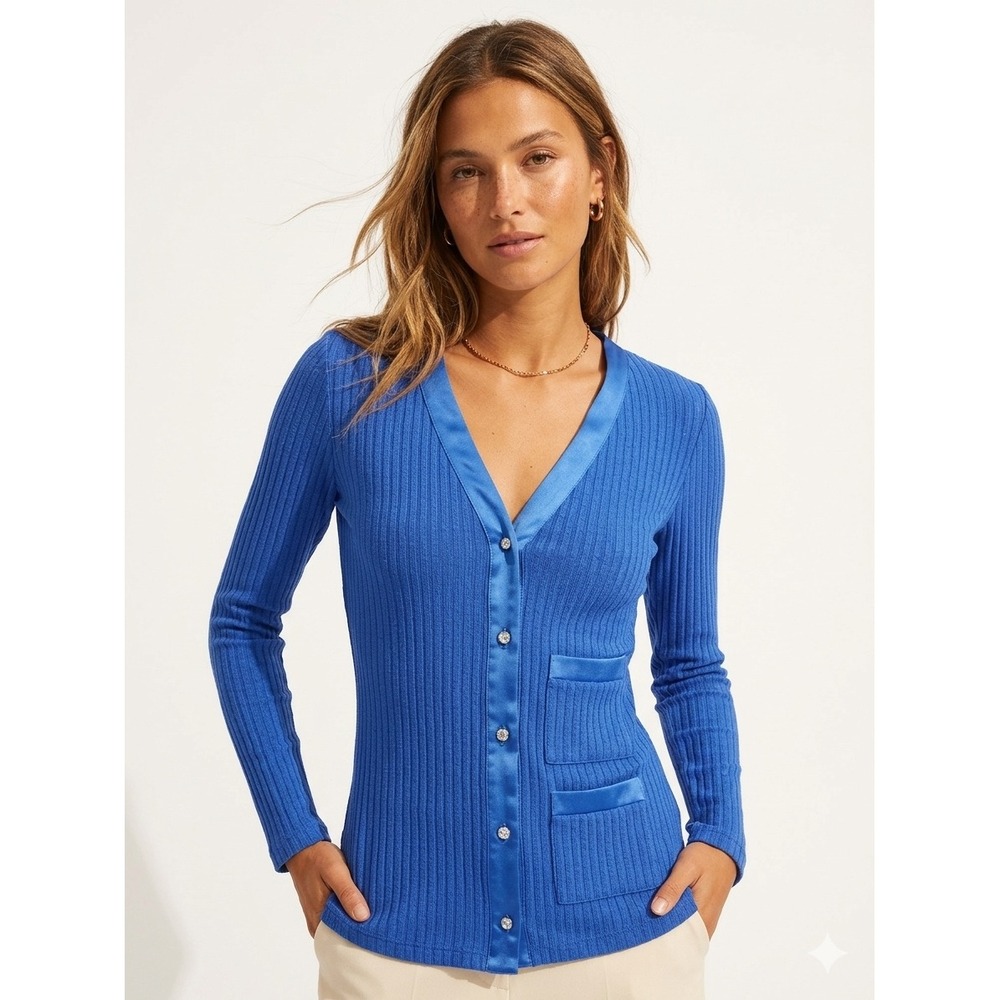 Area Stars Womens Blue Ribbed Knit Satin Trim Cardigan Crystal Button Top XS NEW